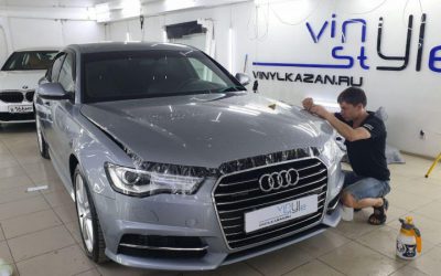 Бронирование капота и фар автомобиля Audi A6 полиуретановой пленкой Hexis