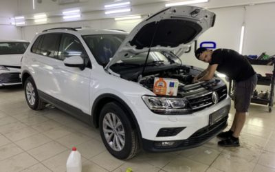 VW Tiguan — локальное бронирование полиуретановой пленкой Дельтаскин, установка автосигнализации StarLine