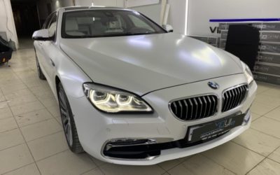 BMW 640D — полная оклейка кузова автомобиля пленкой в цвете белый сатин