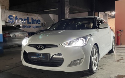 Hyundai Veloster 2012 года выпуска — установили bi-led модули Aozoom A5+, полировка и бронирование фар автомобиля